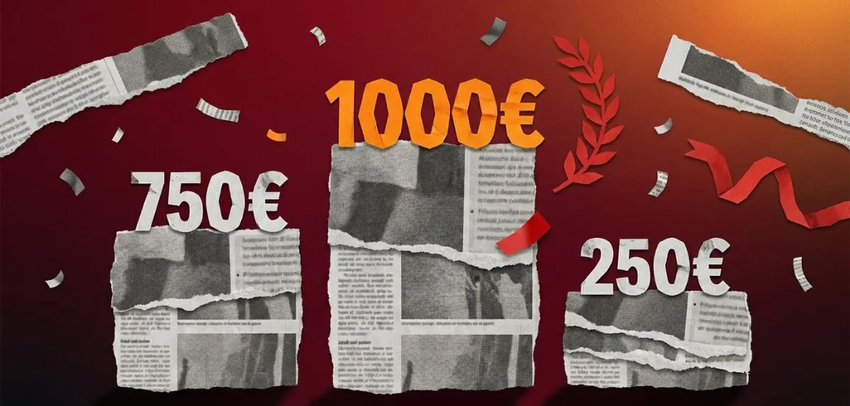 Pódio em colagem de jornal: 1000€, 750€ e 250€